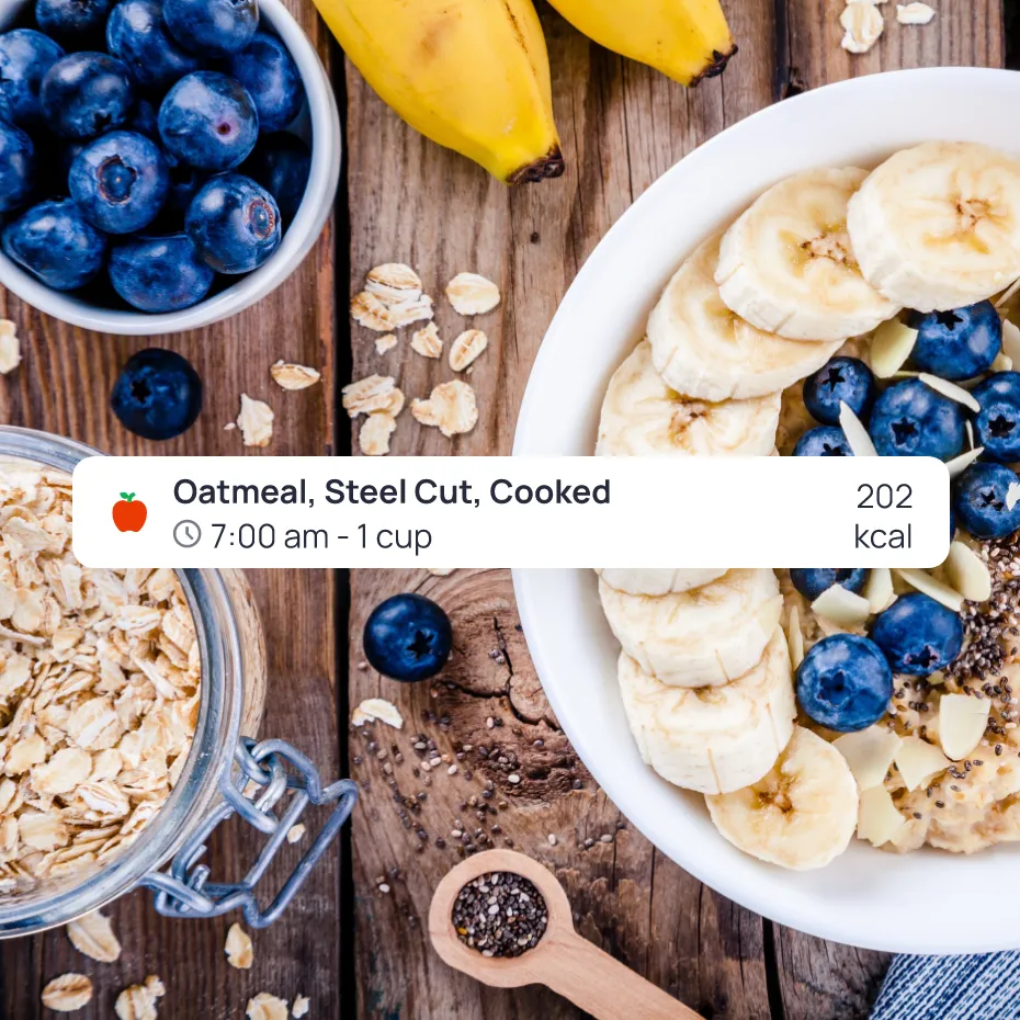 A food entry from Cronometer with a bowl of oats, blueberries and bananas in the background.