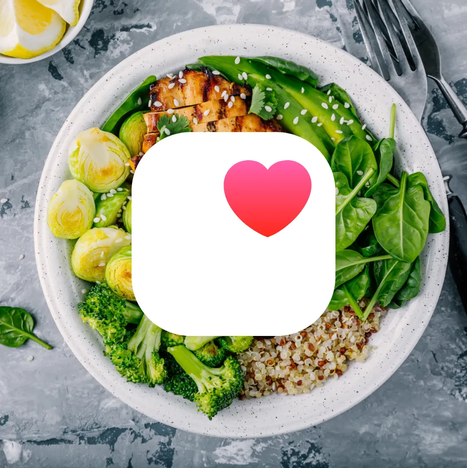 A bowl of vegetables with the Apple Health icon on top.