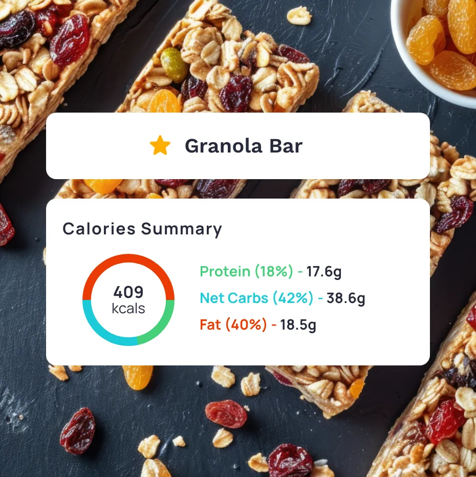 A granola bar with a nutrition label showing the calories, fat, and protein from the Cronometer app.