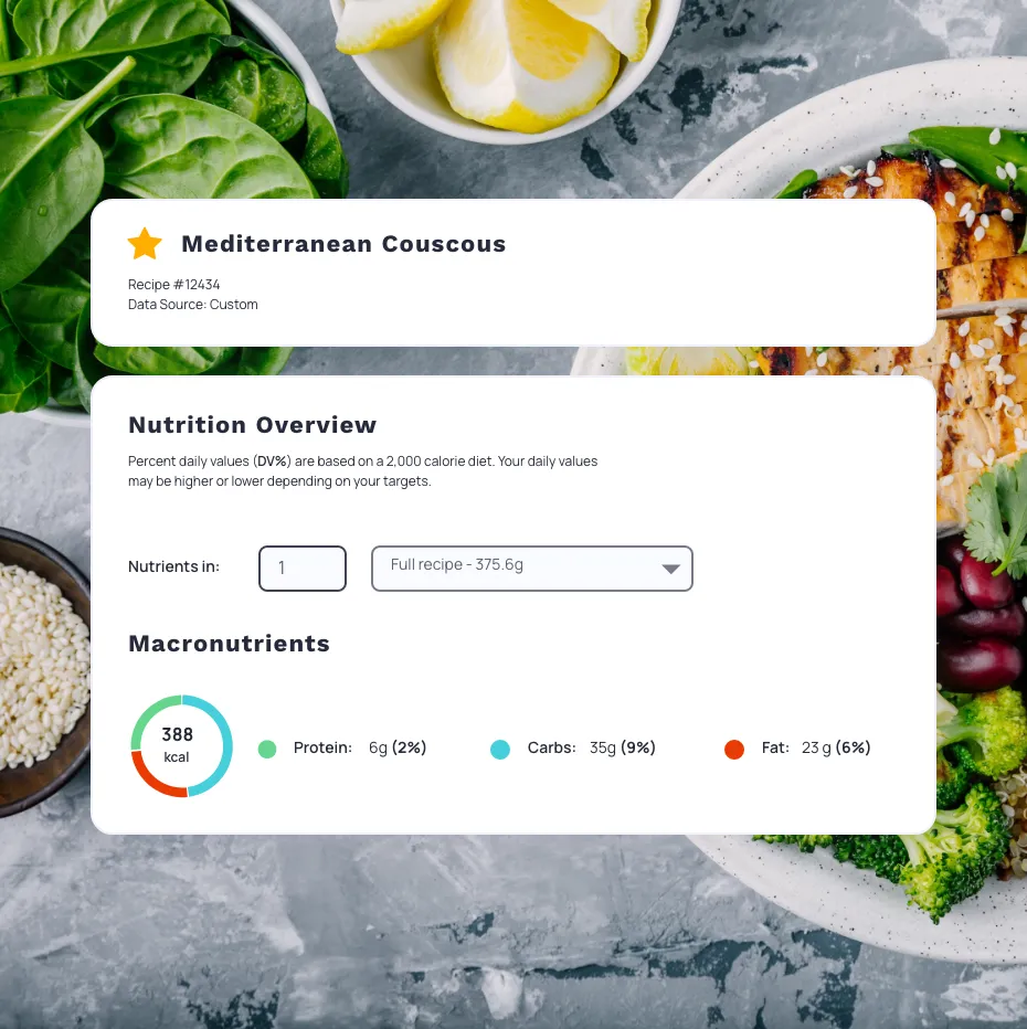 A nutrition overview screen with a bowl of food and a recipe from the Cronometer app.