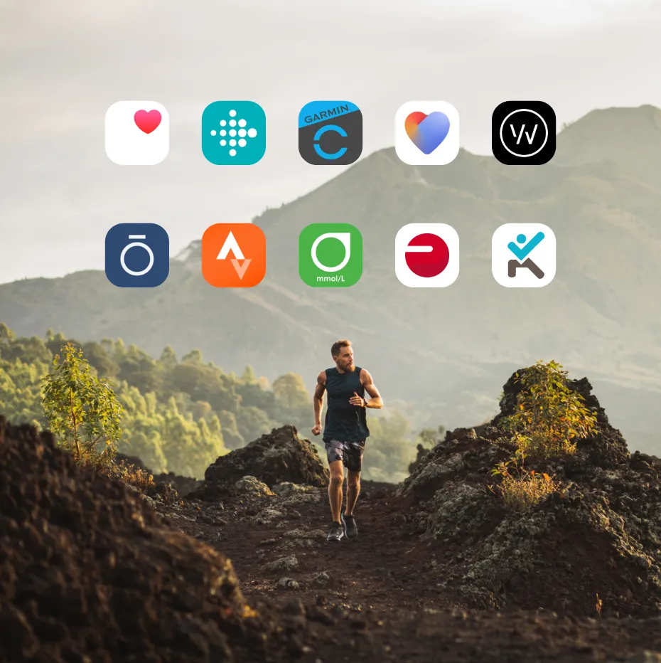 A man running with graphics of the apps and devices that Cronometer integrates with. 