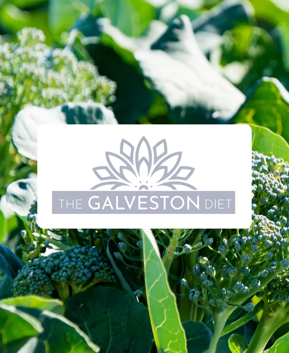 A close up of a broccoli plant with the logo for the Galveston Diet on it.