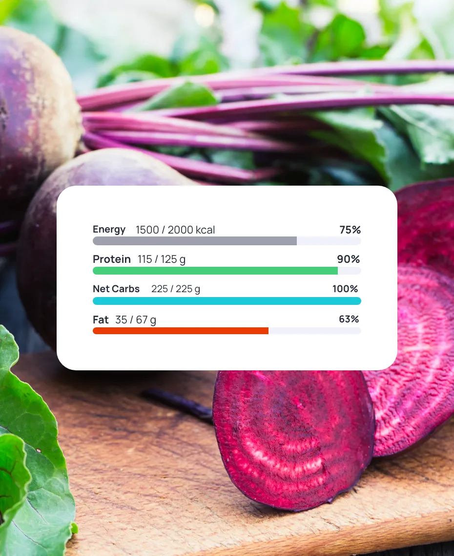 A close up of a bunch of beets with a nutritional chart from Cronometer.